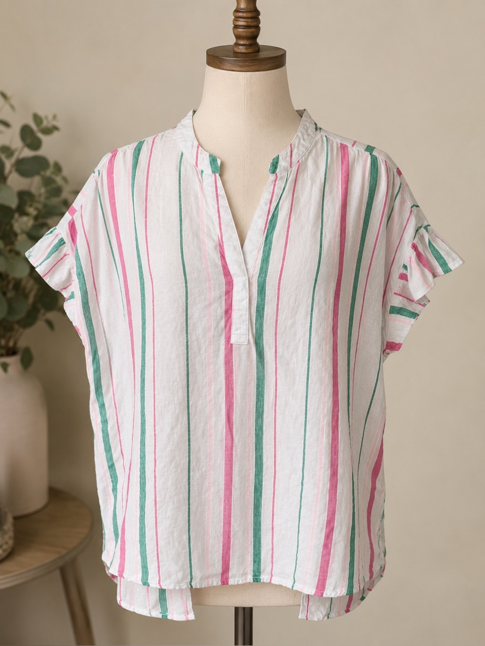 crown & ivy White Pink and Green Striped Short-Sleeve V-Neck Blouse